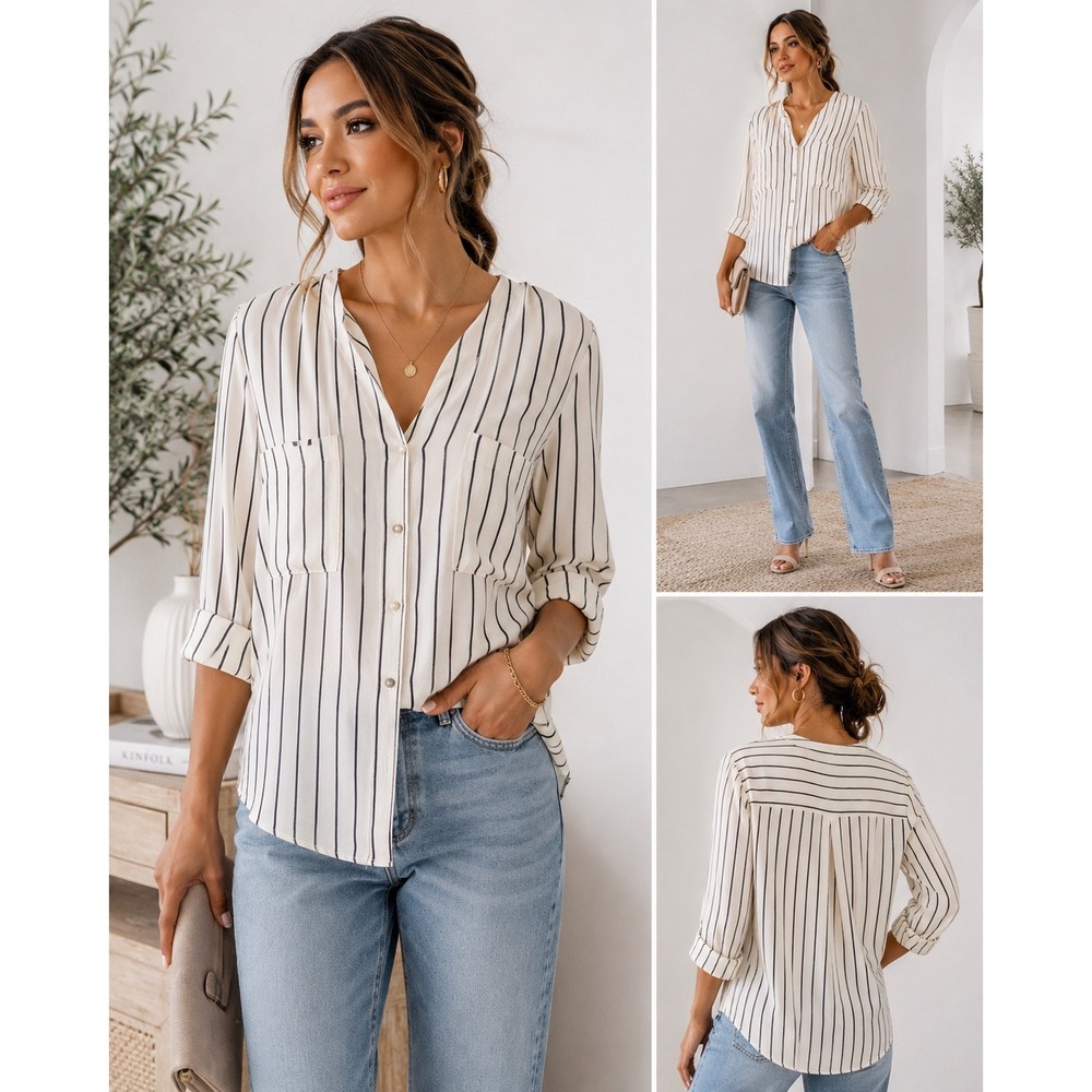 H&M Striped Blouse Womens Size 10 White Black V-Neck Roll Tab Sleeve Button Down